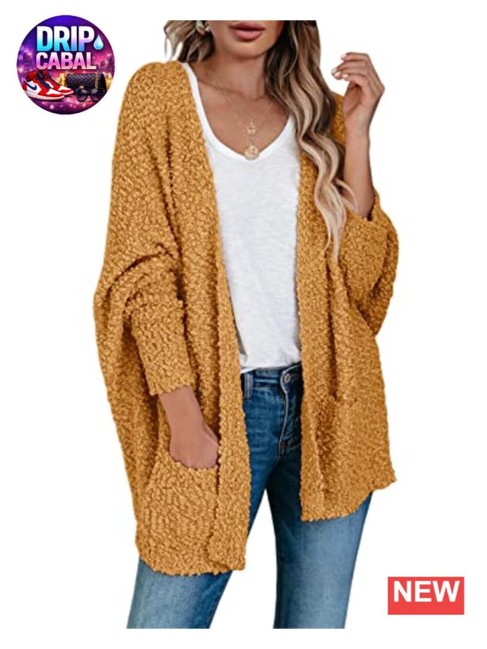 Chunky Popcorn Yarn Cardigan, Open Front Long Batwing Sleeve, Baggy Cozy Knit,
